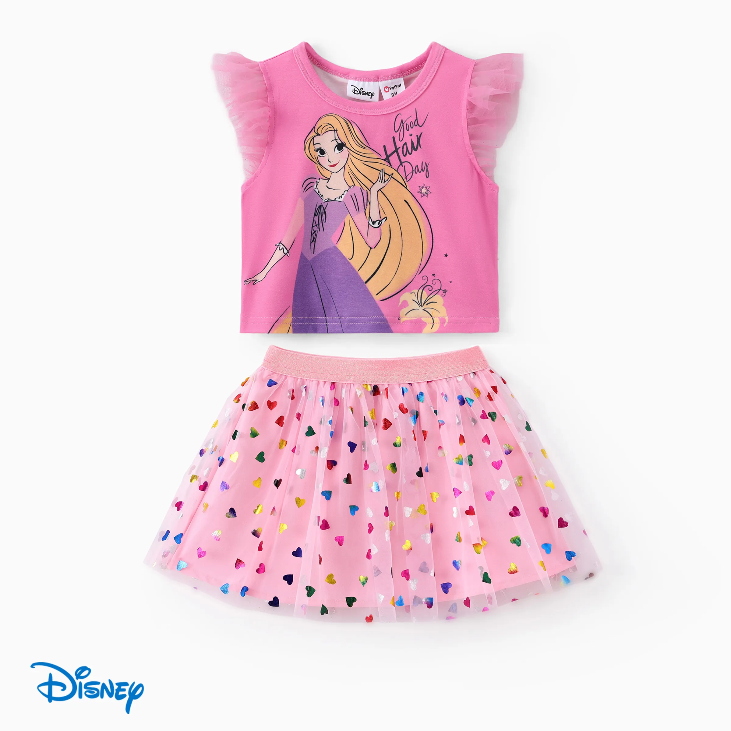 

Disney Princess Toddler/Kid Girls Ariel/Rapunzel 2pcs Naia™ Flutter-sleeve Top with Colorful Hearts/Mermaid Scales Print Mesh Skirts Set