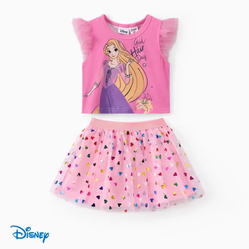 Disney Princess Toddler/Kid Girls Ariel/Rapunzel 2pcs Naia™ Flutter-sleeve Top with Colorful Hearts/Mermaid Scales Print Mesh Skirts Set