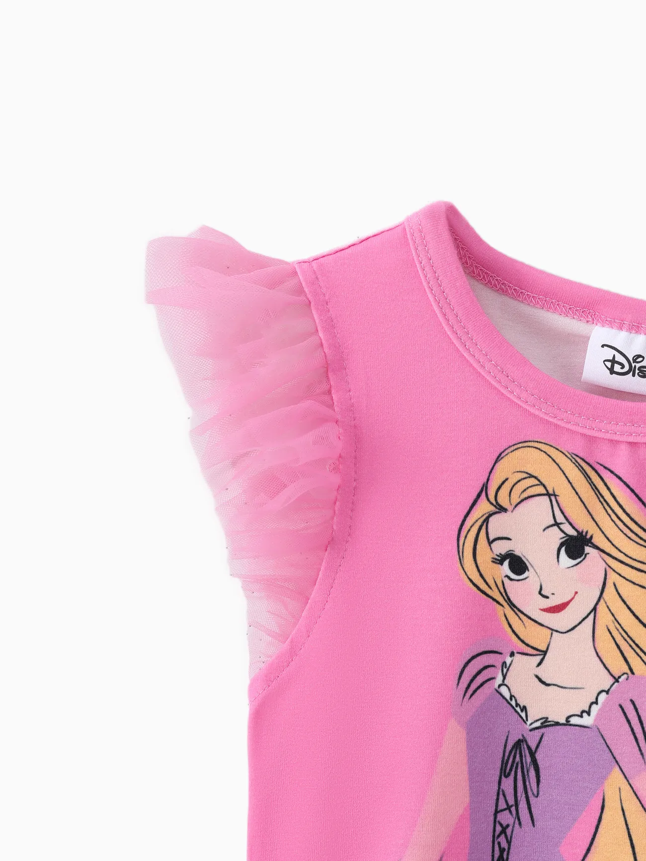 Disney Princess Toddler/Kid Girls Ariel/Rapunzel 2pcs Naia™ Flutter-sleeve Top with Colorful Hearts/Mermaid Scales Print Mesh Skirts Set PINK-1 big image 1