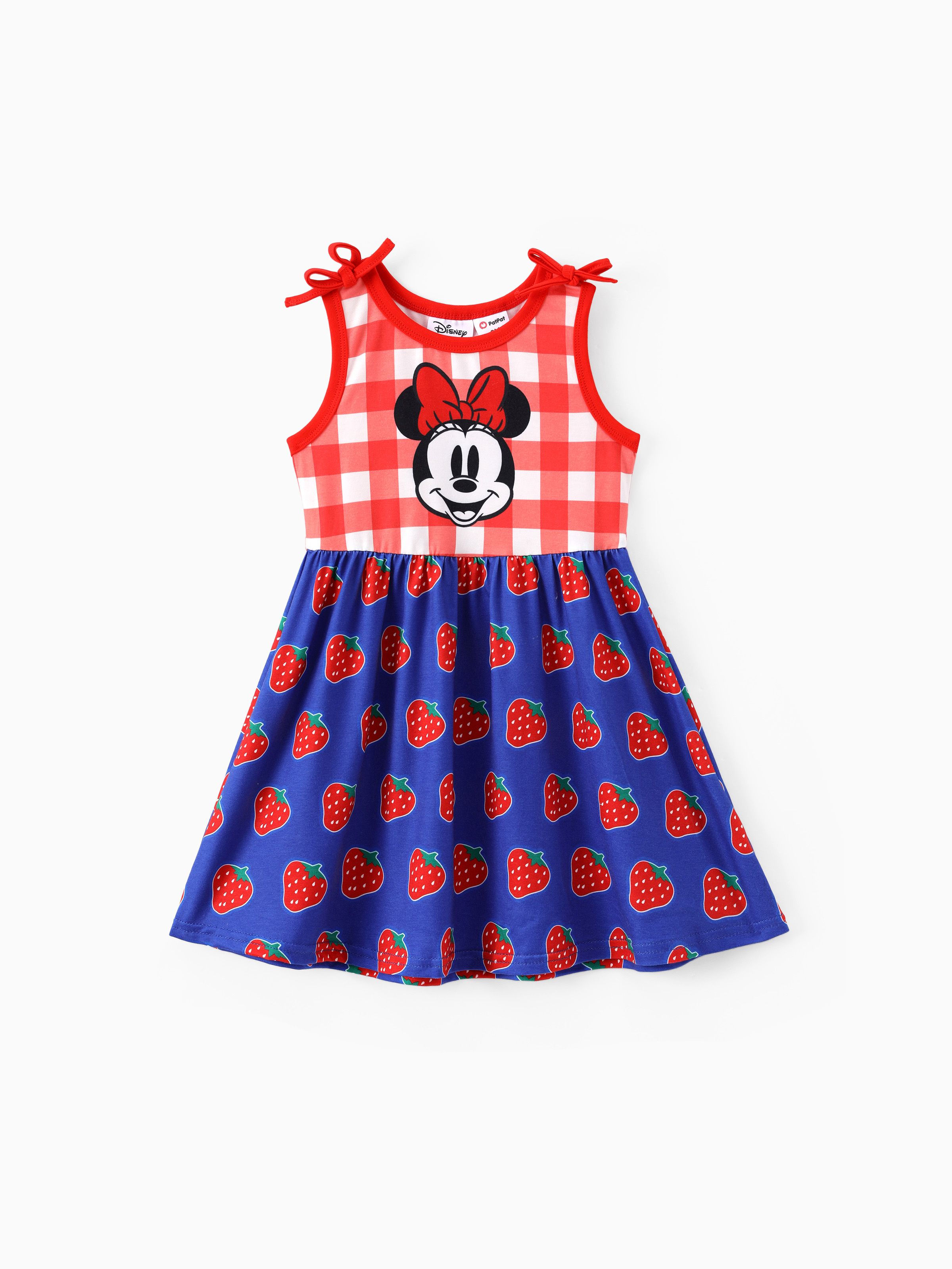 迪士尼米奇和朋友們蹣跚學步的女孩 1 件 Naia™ 草莓米妮格紋印花蝴蝶結袖連衣裙
