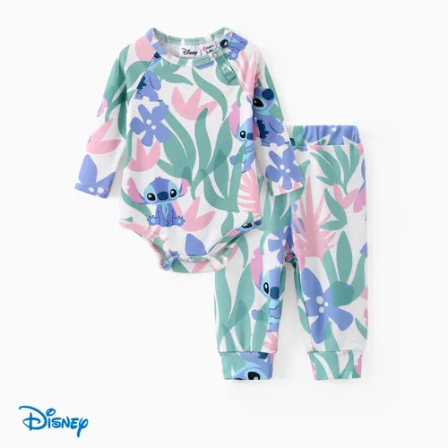 Disney Stitch Baby Boys/Girls 2pcs Naia™ Floral Plant Character Print Long-sleeve Romper with Pants Set