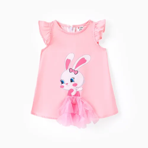 Baby Girl Rabbit Print Mesh Spliced Dress
