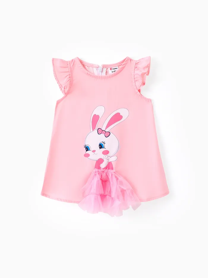 Baby Girl 兔子印花網眼拼接連衣裙