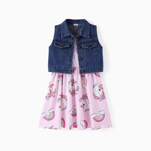 Toddler/Kid Girl 2pcs Denim Unicorn Embroidery Vest and Unicorn Print Cami Dress Set