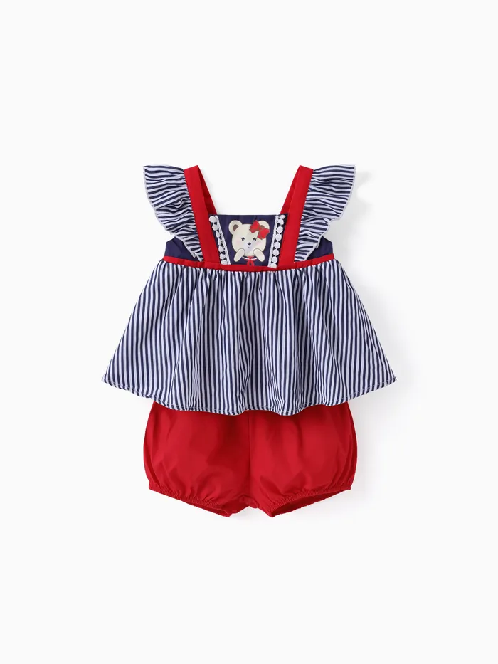 Baby Girl 2pcs Childlike Bear Embroidery Striped Top and Shorts Set