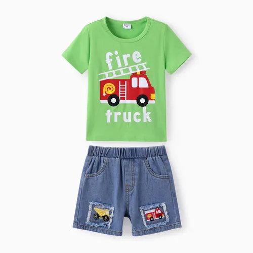 Toddler Boy 2pcs Camiseta con estampado de vehículo y conjunto de pantalones cortos de mezclilla