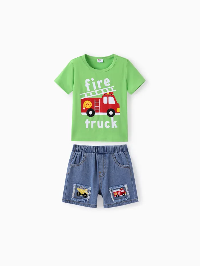 Toddler Boy 2pcs Vehicle Print Tee and Denim Shorts Set