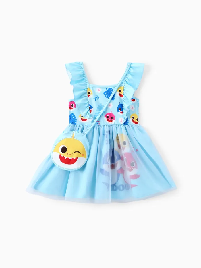 Baby Shark Toddler Girls 2pcs Floral Plant Print Ruffle-SLEEVE Mesh Dress with Lovely Crossbody Bag