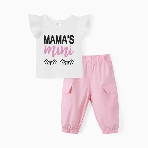 Bebé/Niña Pequeña 3pcs Camiseta con Estampado de Letras y Pantalones Cargo con Juego de Riñonera