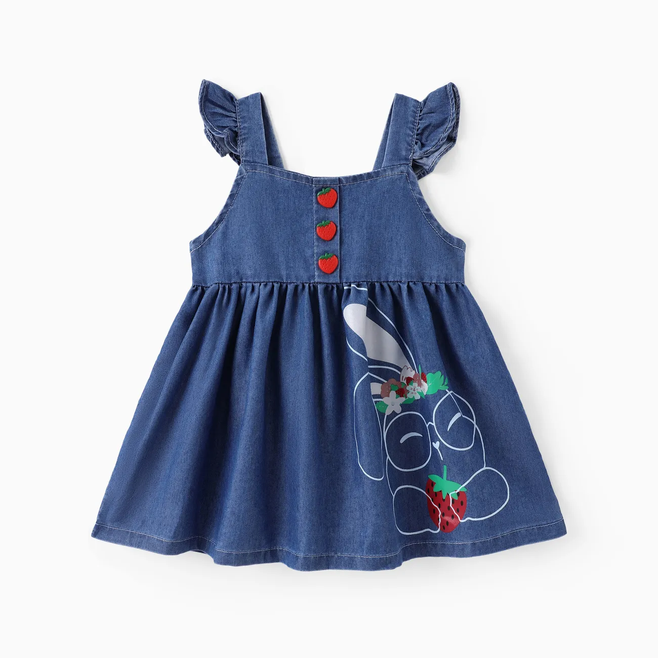 Baby Girl Cooling Denim Rabbit Print Flutter-sleeve Button Dress Blue big image 1