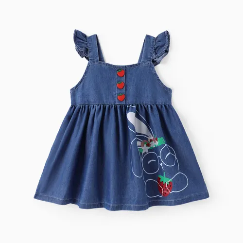 Neonata Cooling Denim Rabbit Print Flutter-sleeve Button Dress