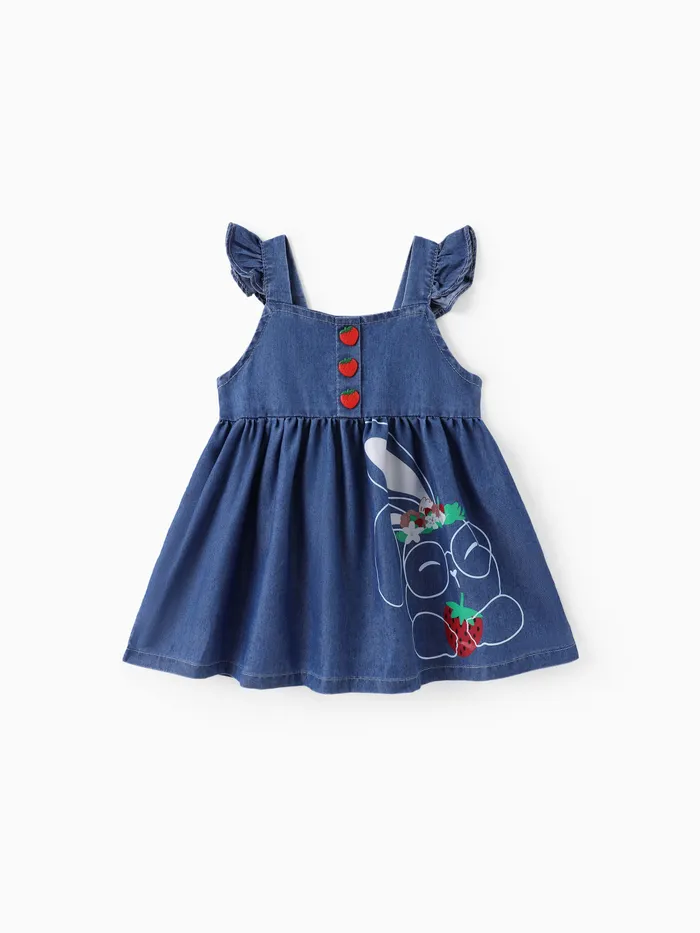 Baby Girl Kühlendes Denim-Kaninchen-Print-Kleid mit Flatterärmeln und Knöpfen