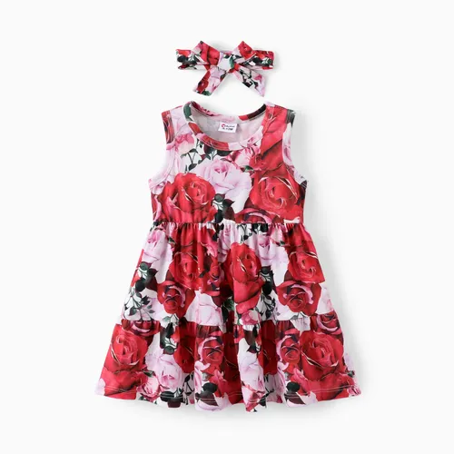 Baby Girl Floral Print Double Layered Dress with Headband