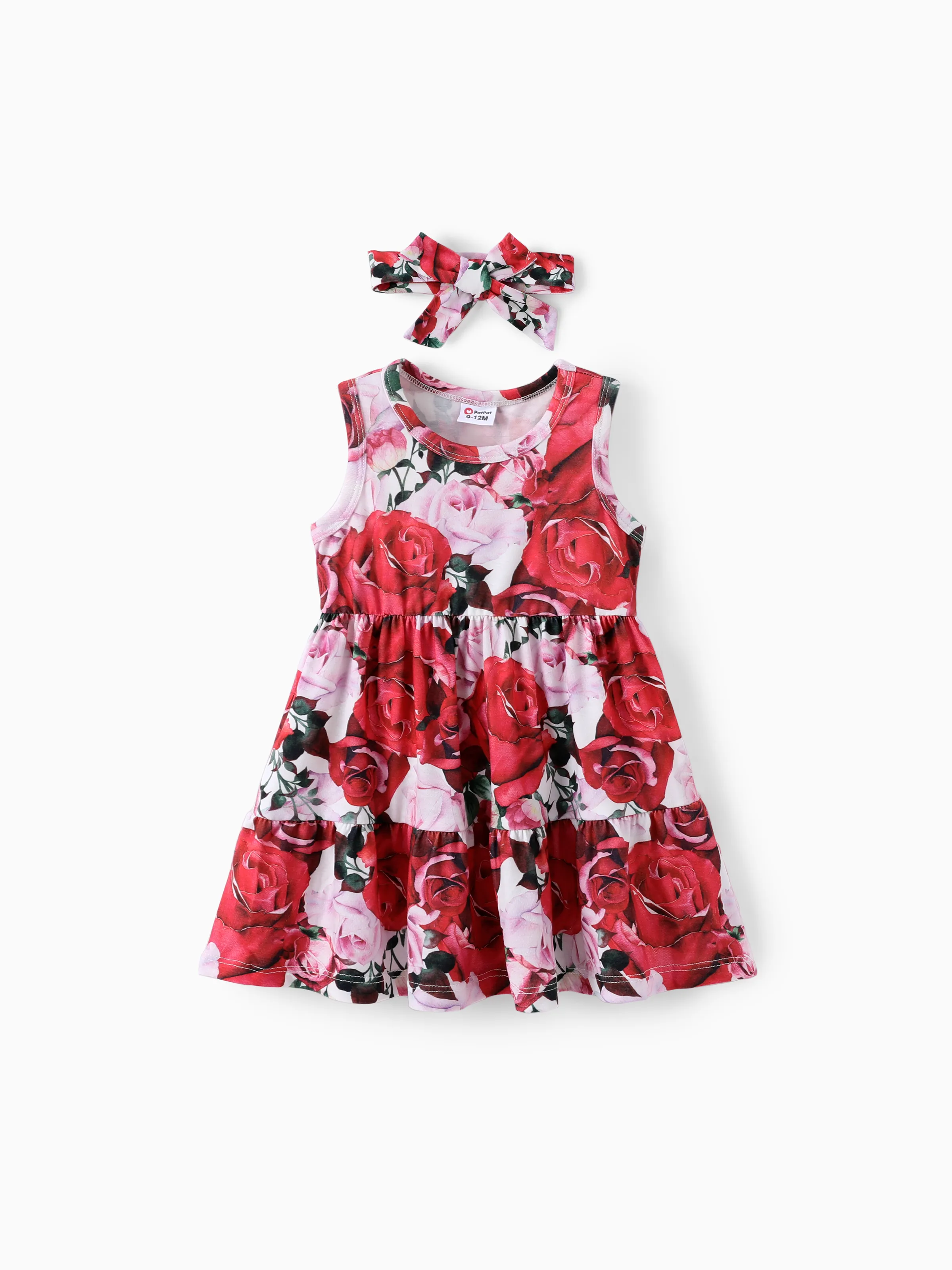 Baby Girl Floral Print Double Layered Dress with Headband