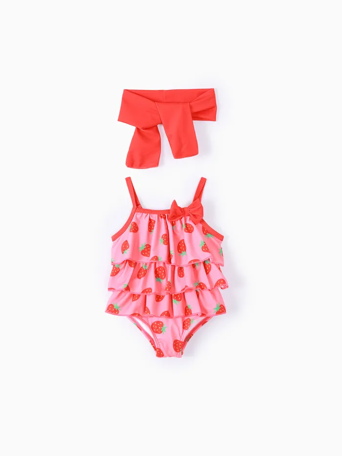Baby Girl Childlike Strawberry Print Ruffled Swimsuit with Headband