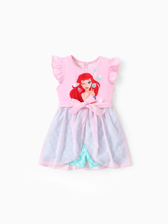 Disney Princesa Ariel / Jasmine / Rapunzel / Moana 1 pc Toddler Menina Personagem Print Bowknot Malha Ruffled Romper