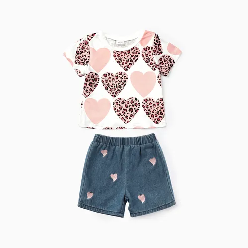  2pcs Baby Girls Childlike Heart-shaped Short-sleeve Tee and Denim Pants Set 