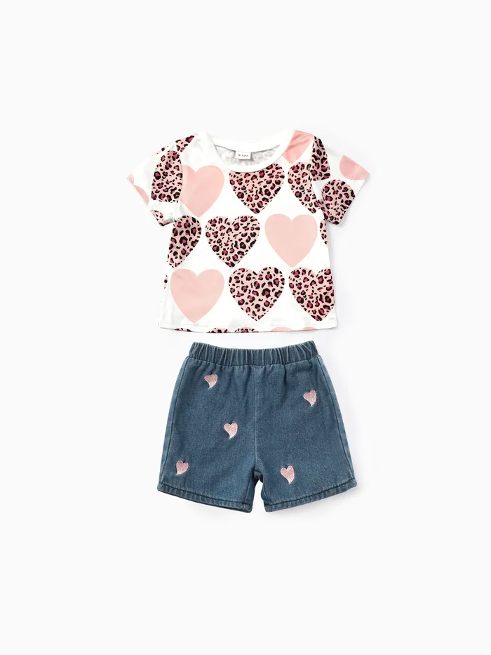 2pcs Baby Girls Childlike Heart-shaped Short-sleeve Tee and Denim Pants Set