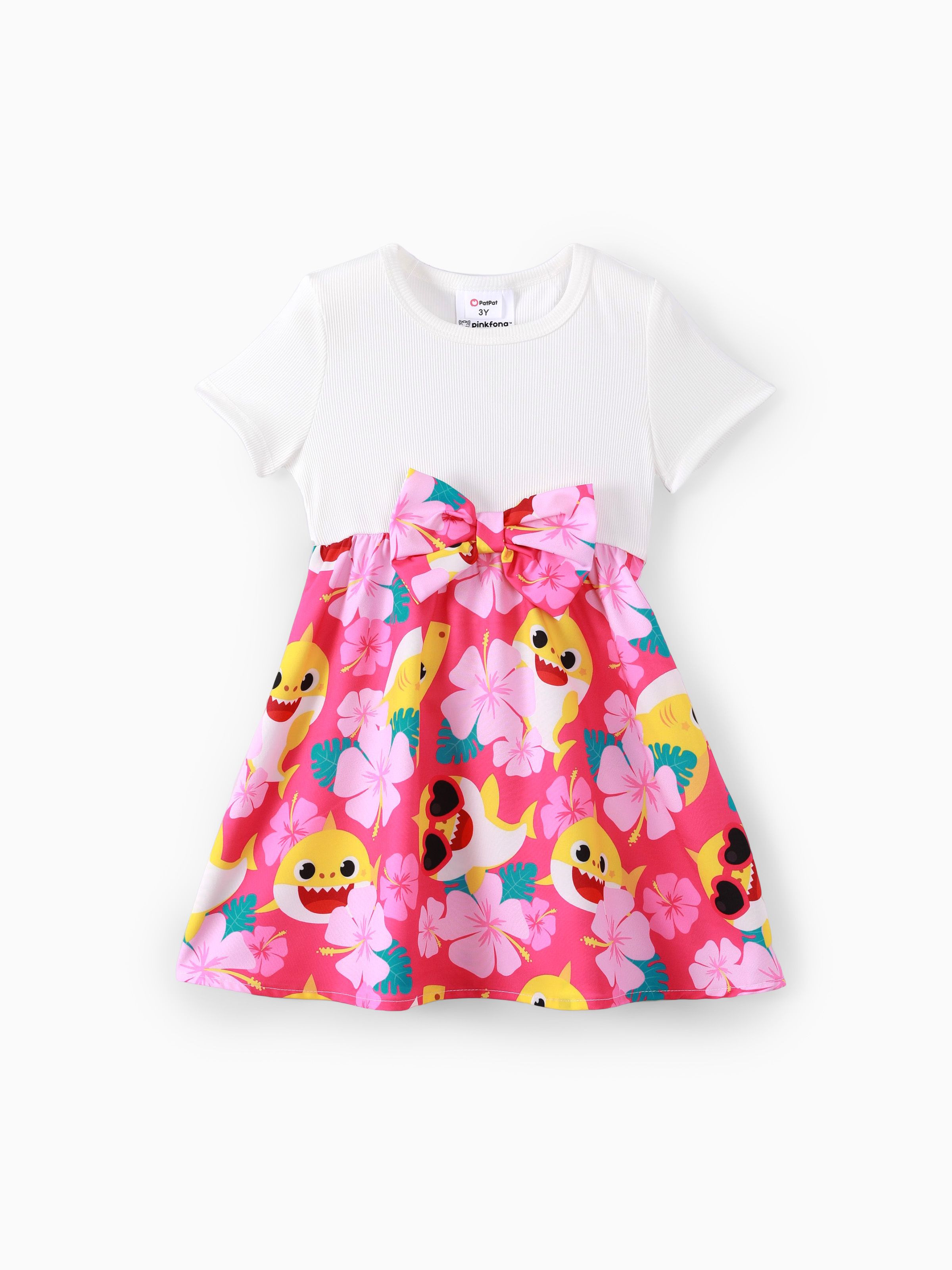 

Baby Shark Toddler Girl Character Print Bow Decor/Mesh Overlay Dress