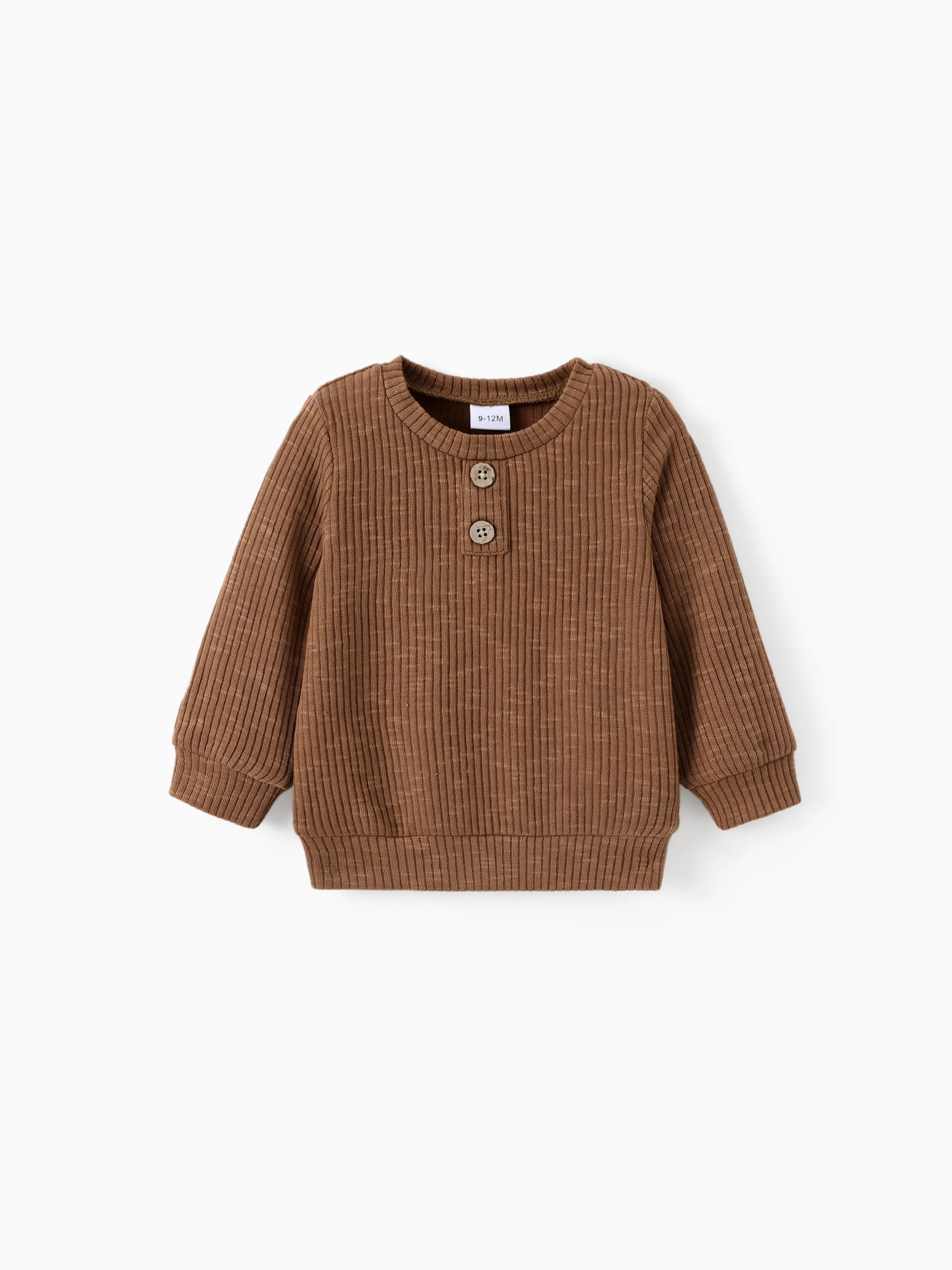 

Baby Boy/Girl Button Design Solid Ribbed Knitted Long-sleeve Pullover Top