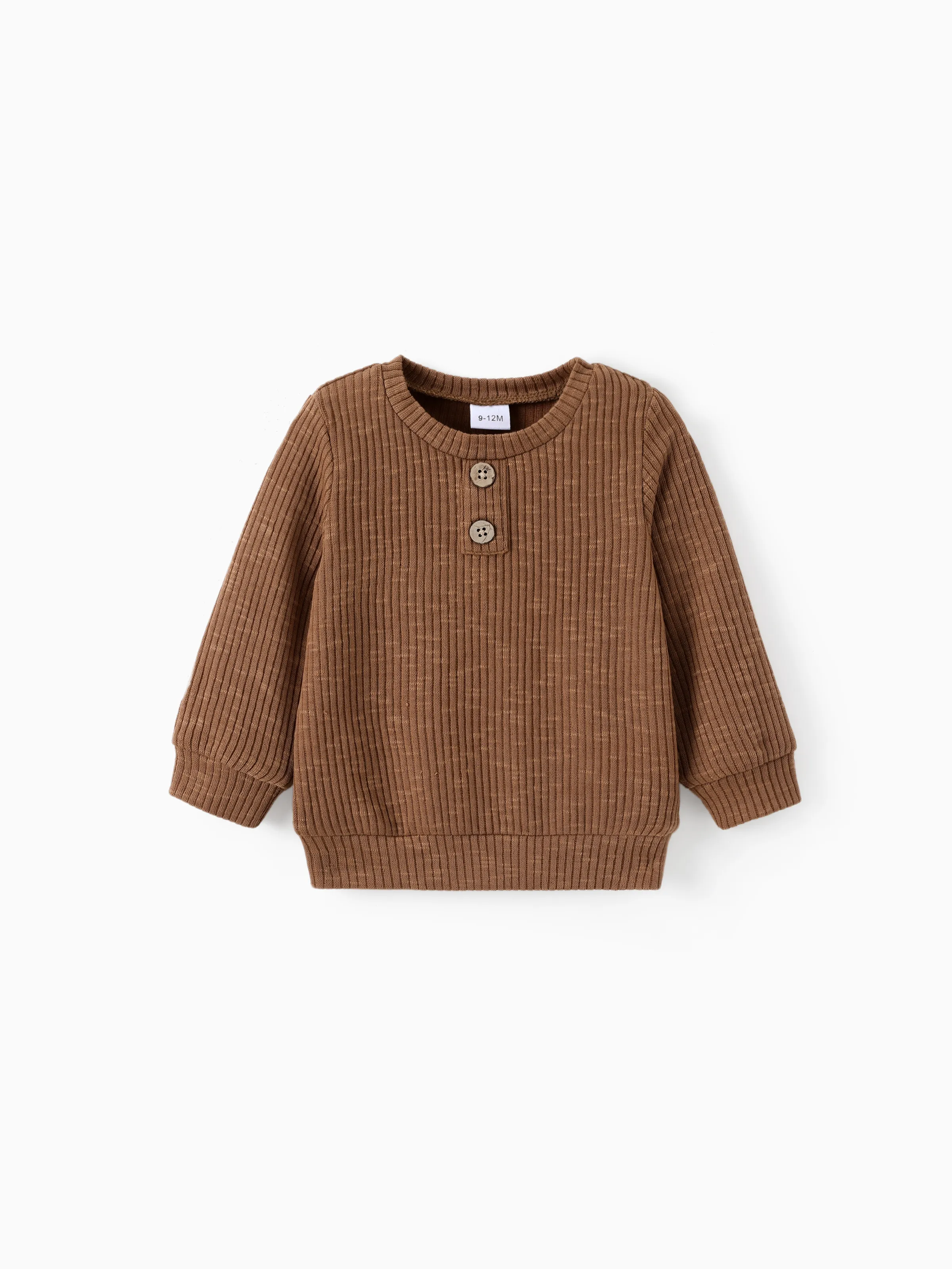 Baby Jungen/Mädchen Kleidung Knopf Design Einfarbiges geripptes gestricktes langärmeliges Pullover-Oberteil