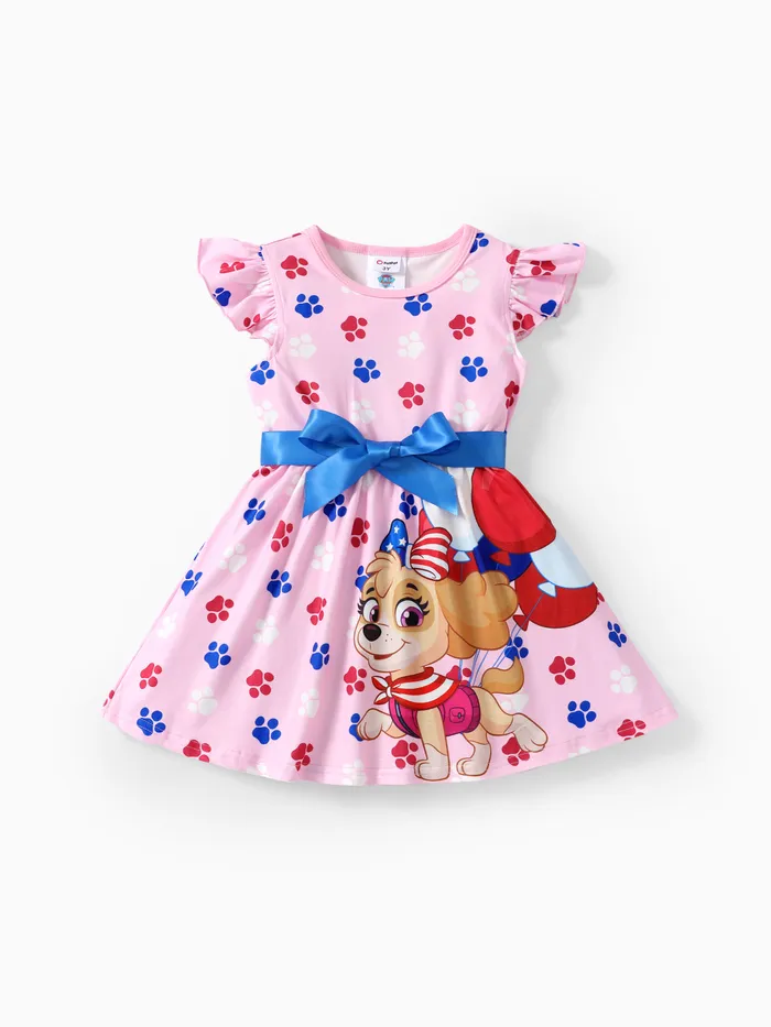 Paw Patrol Toddler Girls Independence Day 1pc Character Paw and Flag Star Pentagram All-over Print Bowknot Flutter-sleeve Dress