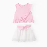 Trendy Toddler Girl Stripe Print Bowknot Ruffle Flounce Set Pink