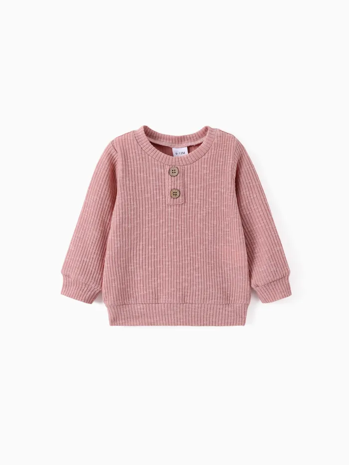 男嬰/女嬰鈕扣設計純色羅紋針織長袖套頭衫