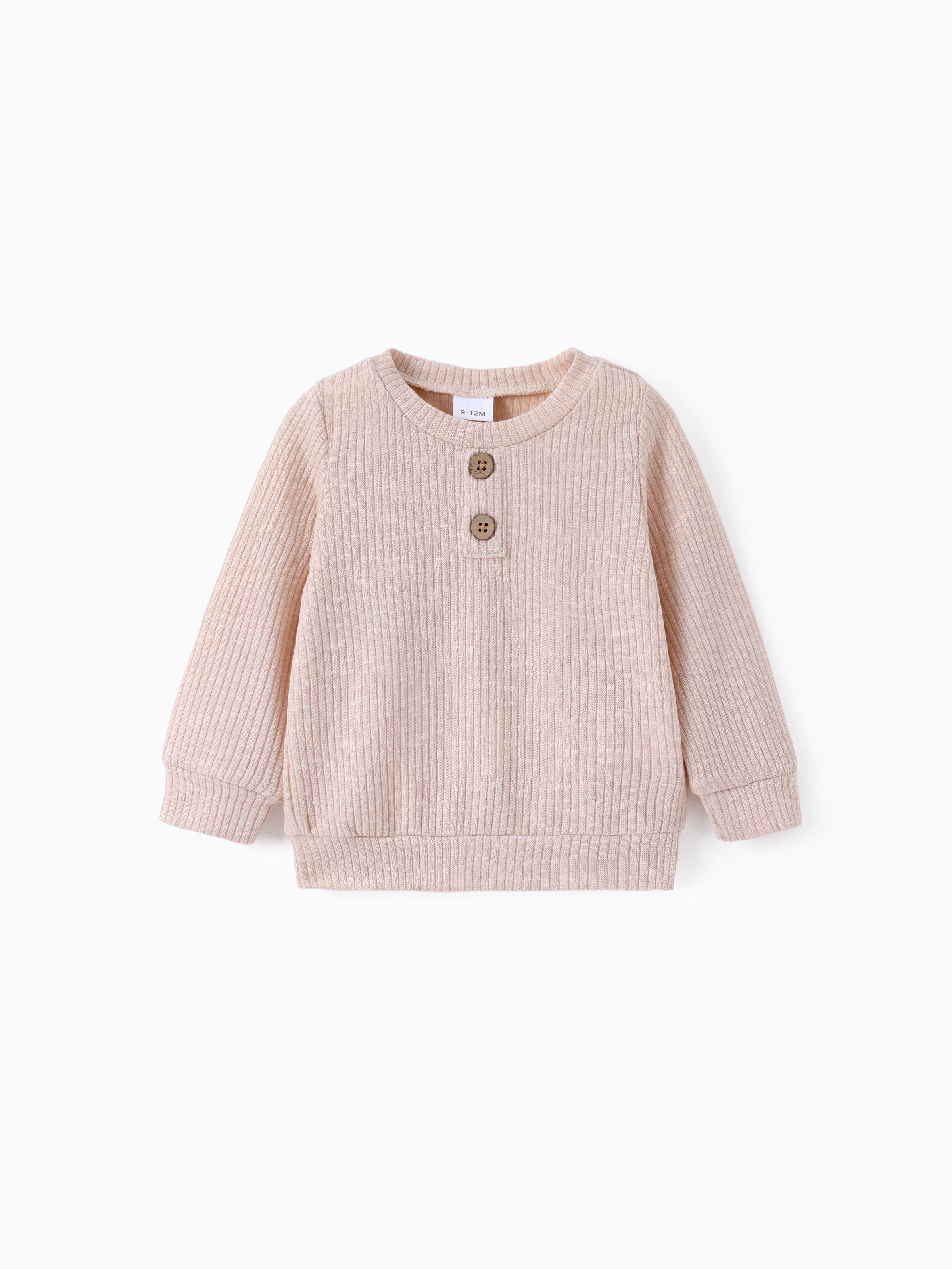 

Baby Boy/Girl Button Design Solid Ribbed Knitted Long-sleeve Pullover Top