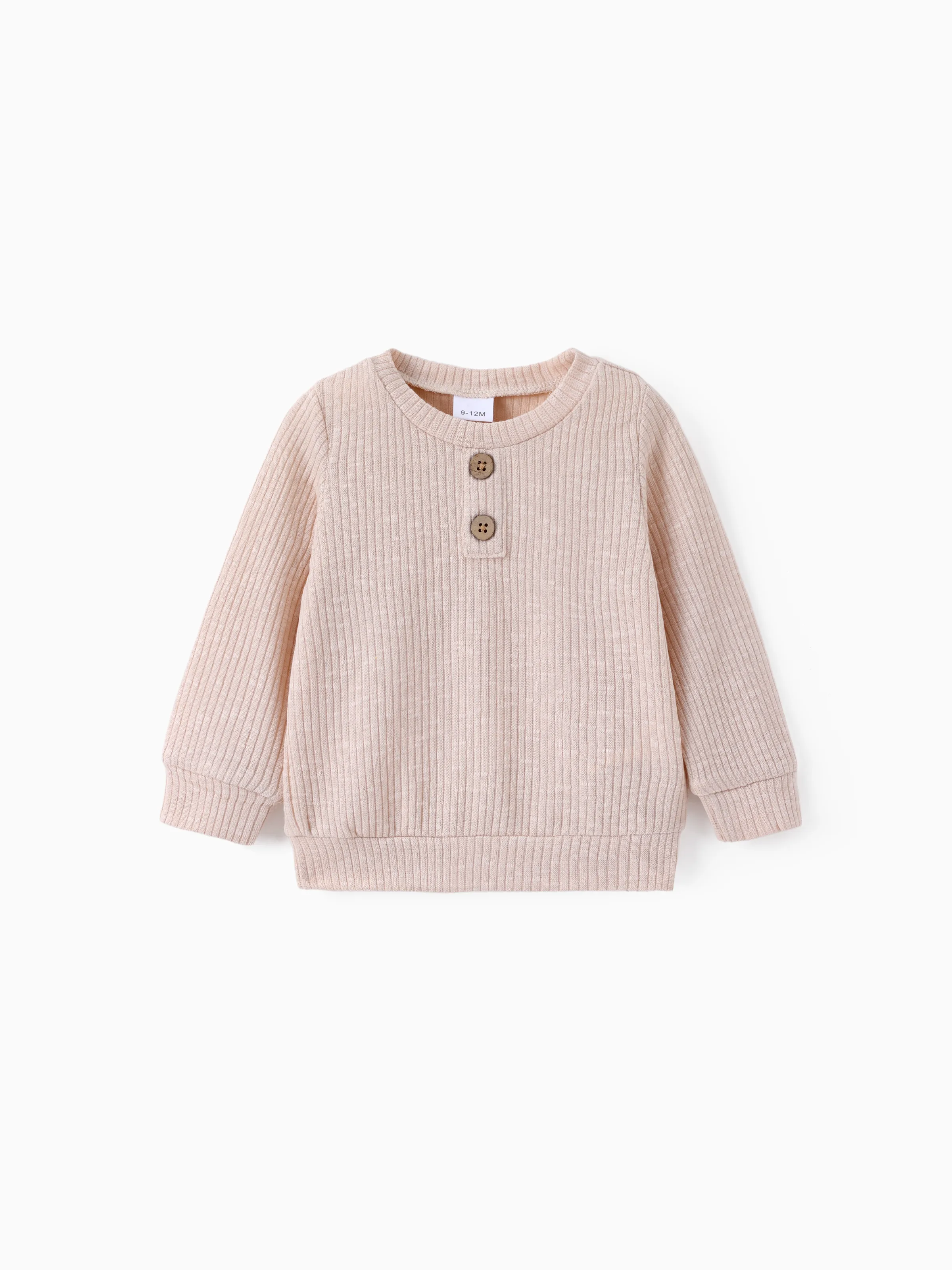 Baby Boy/Girl Clothes Button Design Solid Ribbed Knitted Long-sleeve Pullover Top