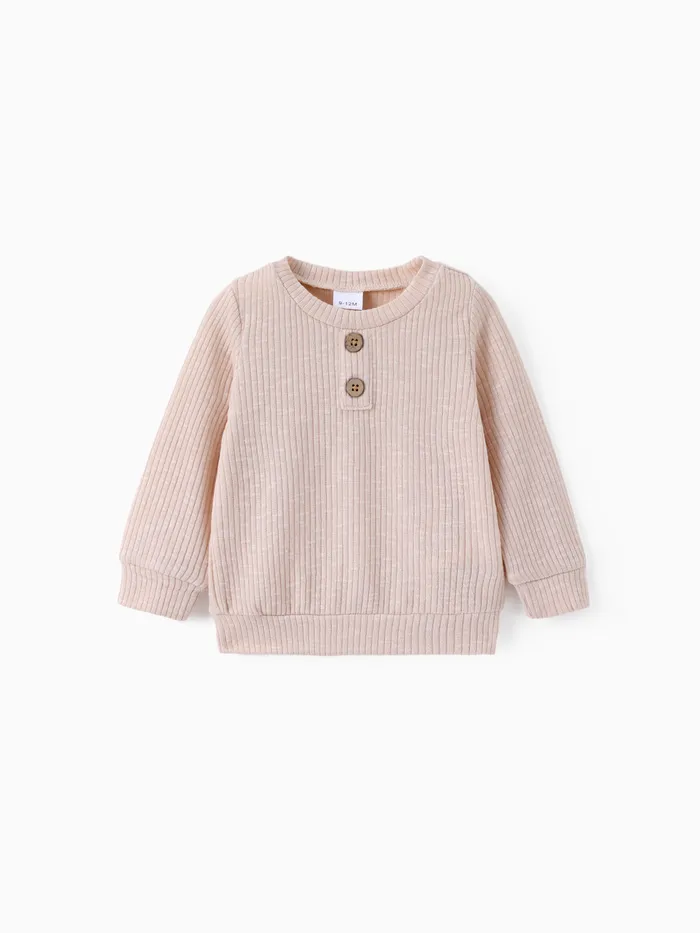 Baby Boy/Girl Button Design Solid Ribbed Knitted Long-sleeve Pullover Top