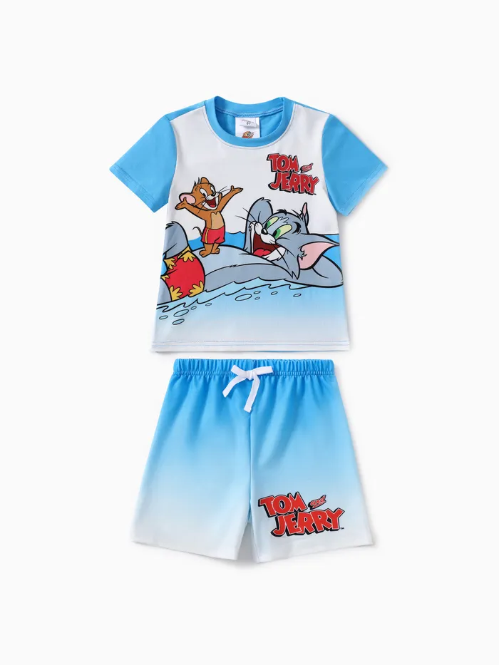 Tom and Jerry Toddler Kids 2pcs Gradient Beach Print T-shirt with Short Set