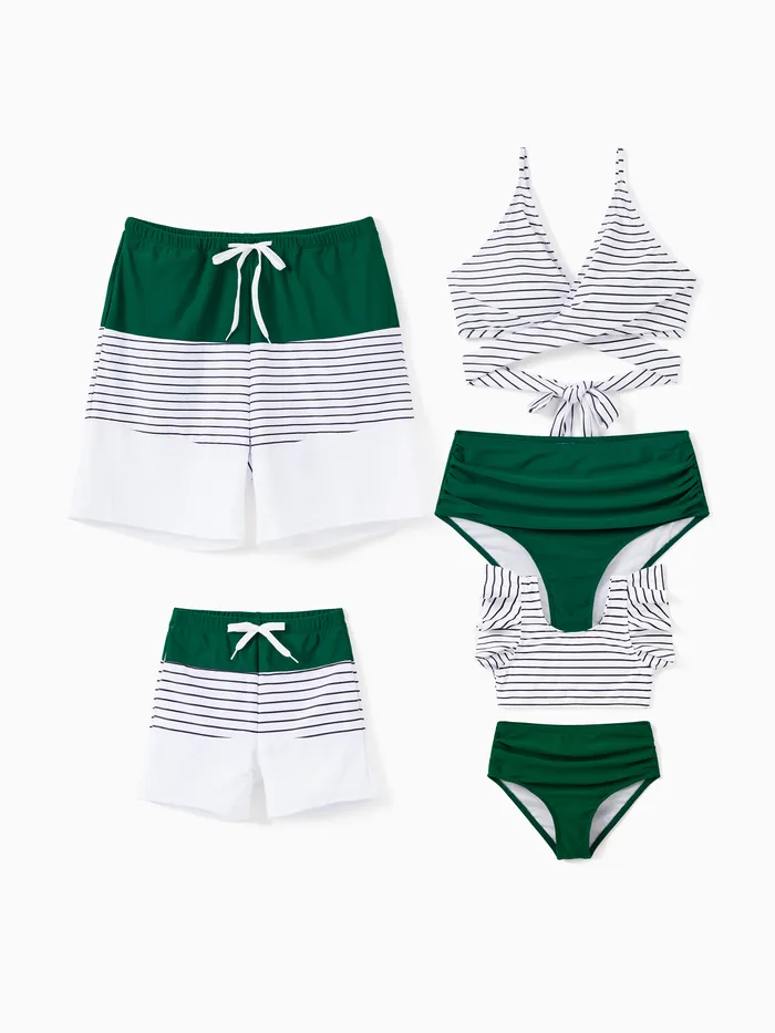 Family Matching Color Block Drawstring Swim Trunks or Stripe Cross Front Two-Piece Swimsuit (Quick-Dry)
