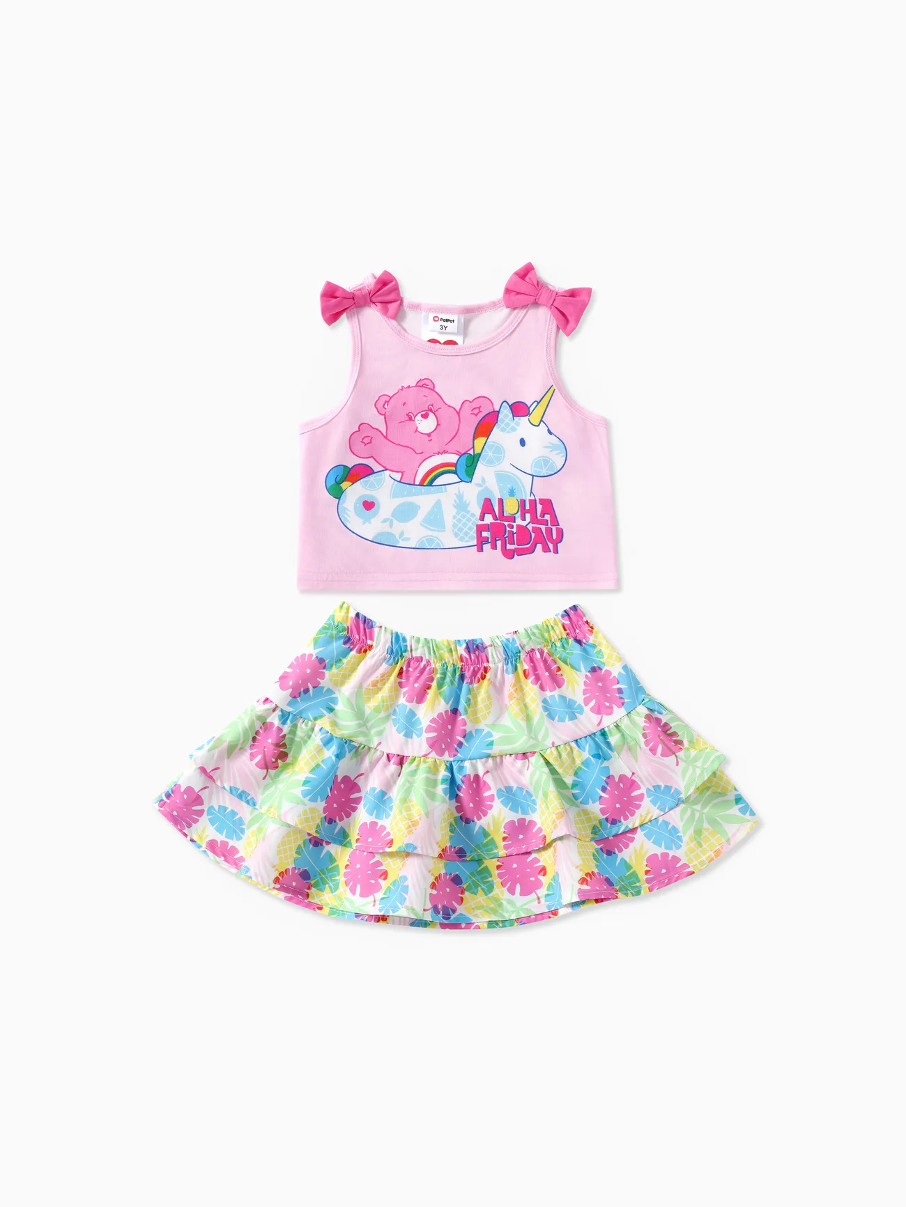 

Care Bears Toddler Girls 2pcs Bowknot Unicorn Print Tank Top with Summer Vibe Floral Print Ruffle Cake Skirt Set