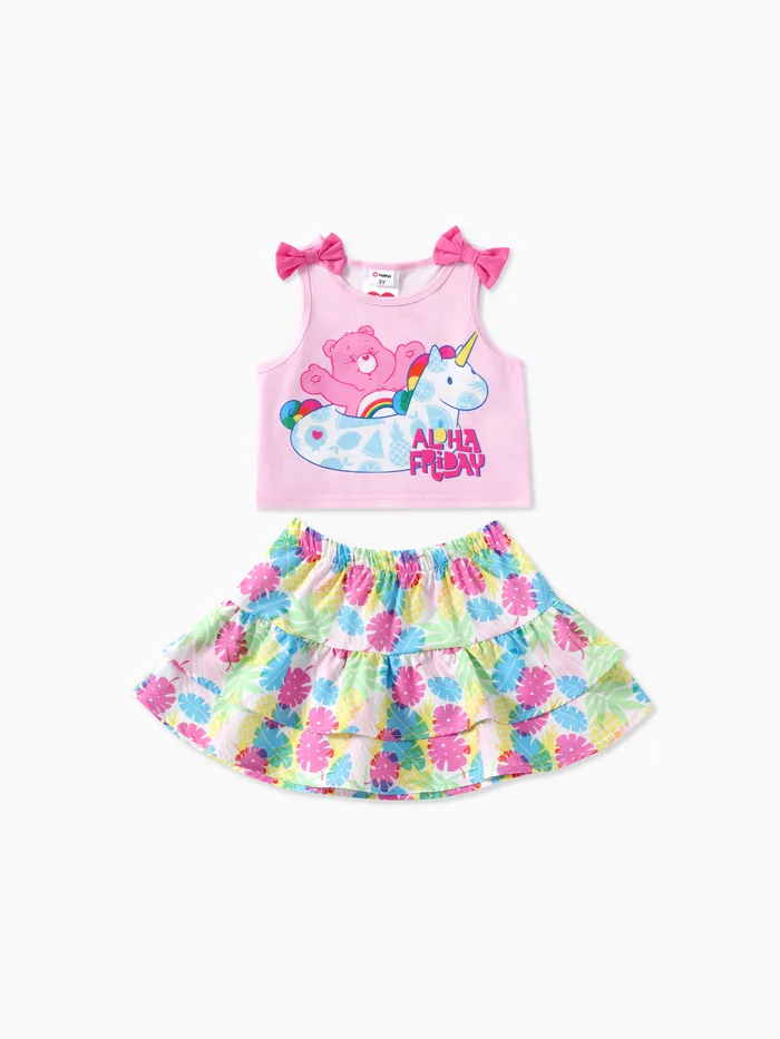 Care Bears Toddler Girls 2pcs Bowknot Unicorn Print Tank Top with Summer Vibe Floral Print Ruffle Cake Skirt Set