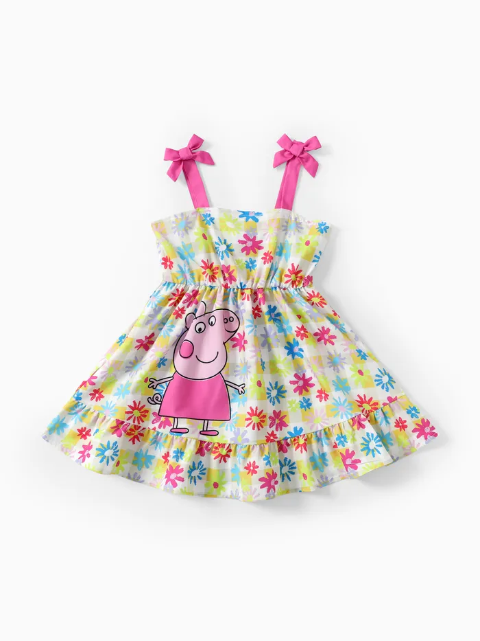 Peppa Pig 蹣跚學步的女孩 1 件花卉字元印花蝴蝶結肩帶無袖連衣裙