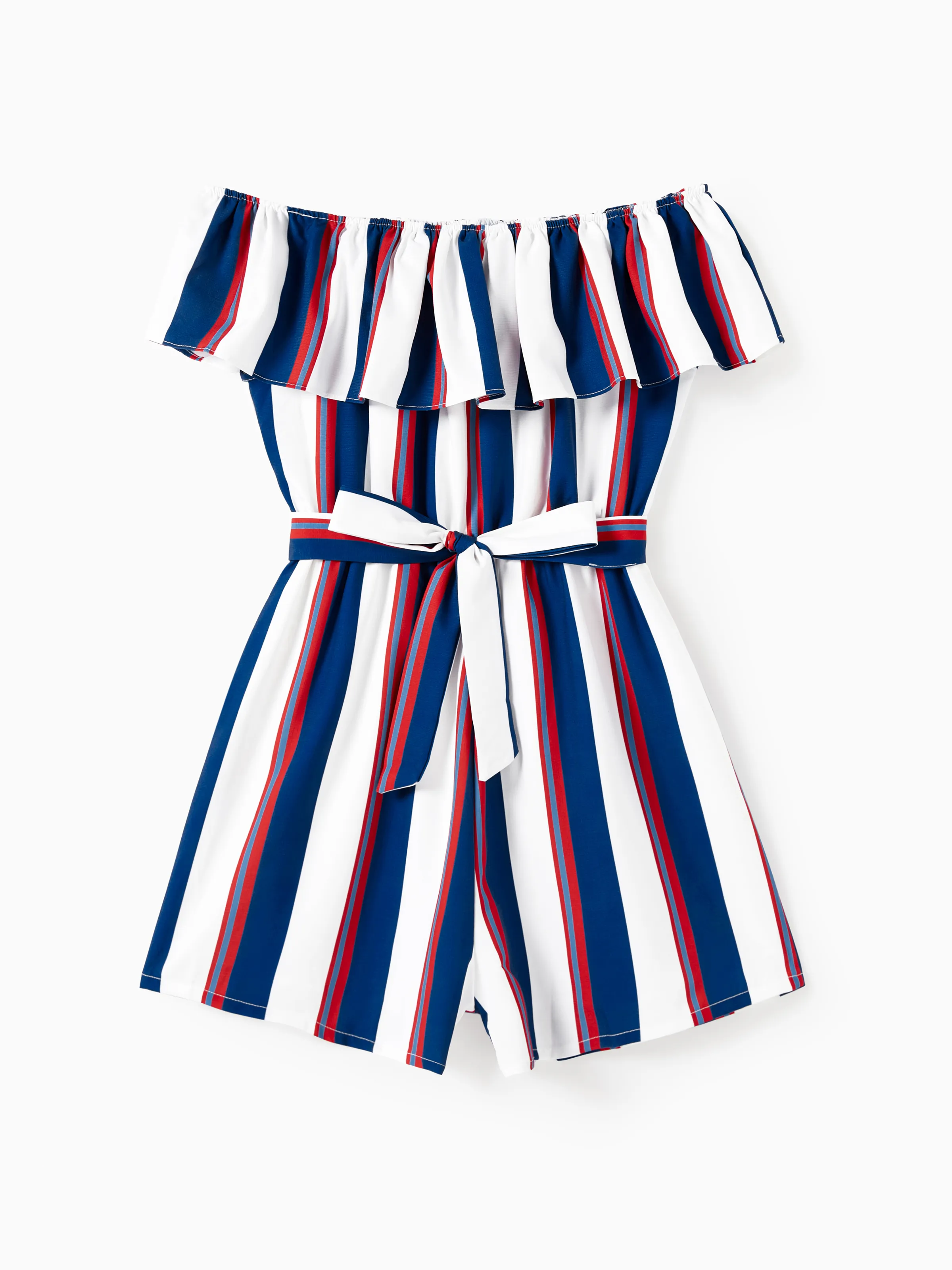 

Mommy and Me Off Shoulder Ruffle Trim Vertical Stripe Romper