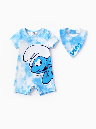 Die Schlümpfe Baby Jungen/Mädchen 2 Stück Naia™ Batik-Spaß Charakterdruck Strampler mit Speichel Handtuch Set