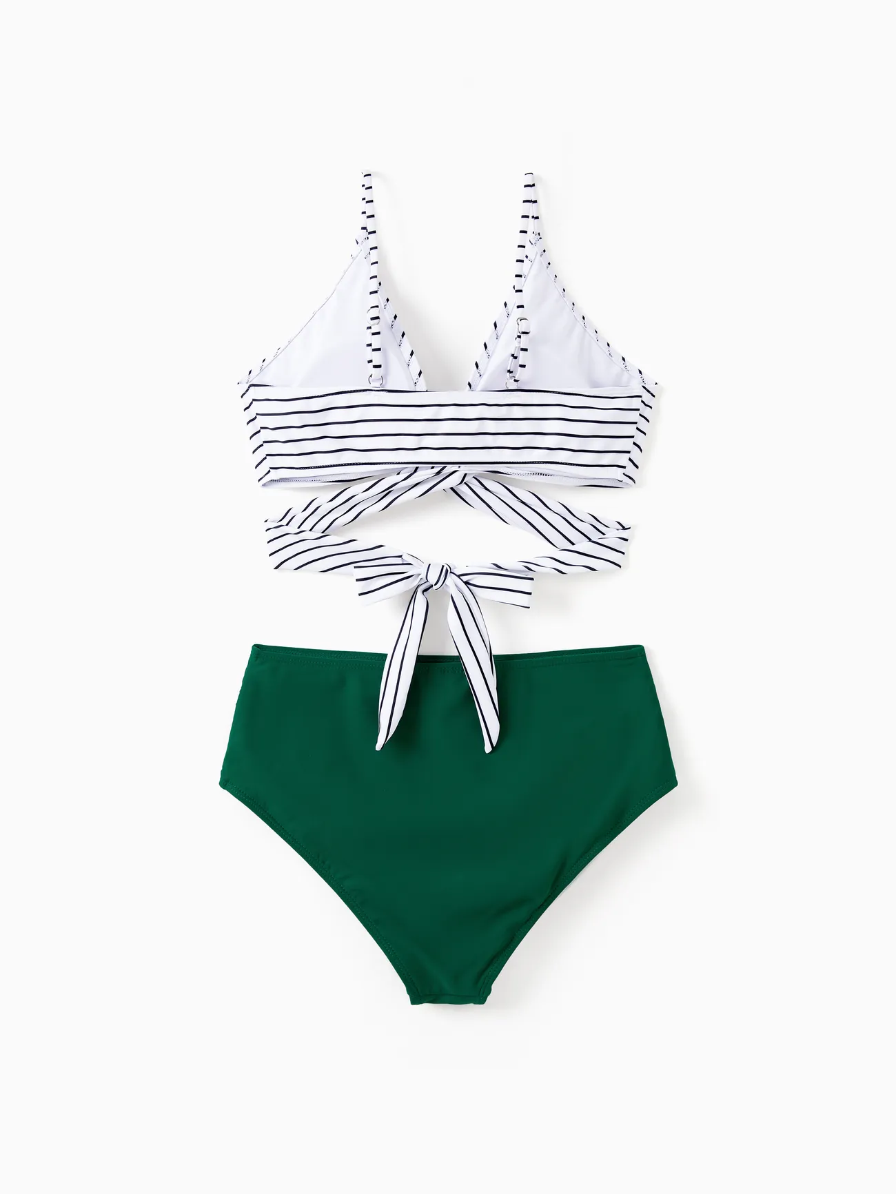 Women - Quick Dry Swimsuits for the Whole Family -White Striped Top Green Bottom - Green - image 3