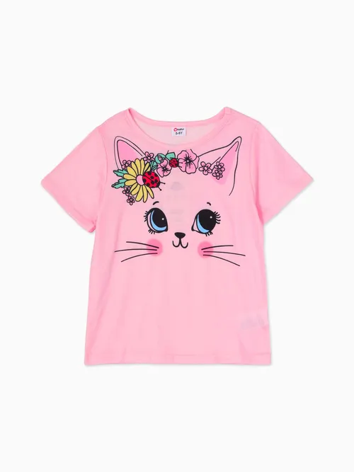 

Kid Girl Animal Cat Floral Print Short-sleeve Tee