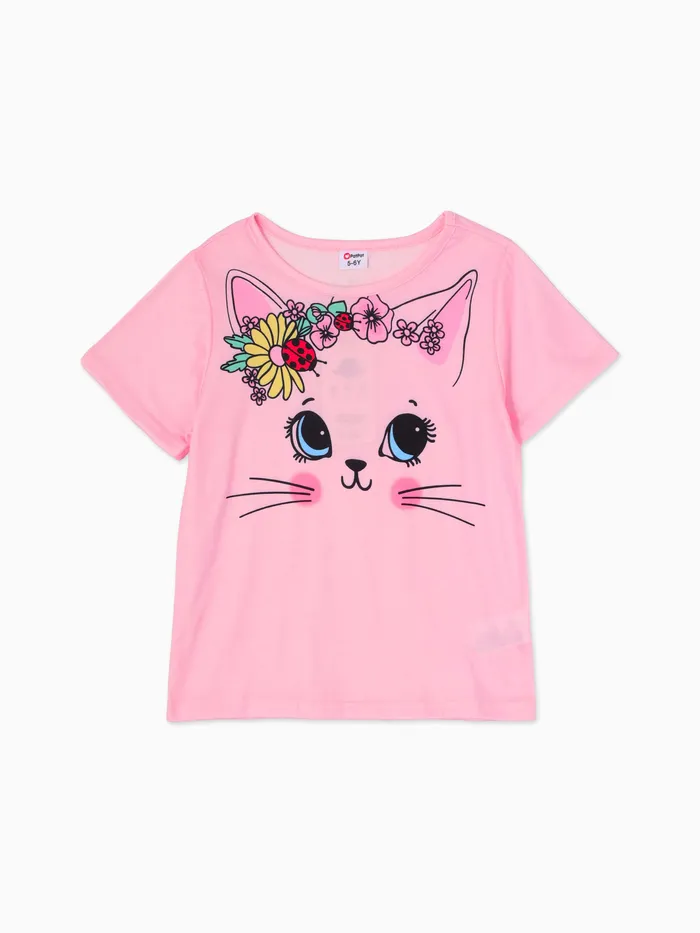 Kid Girl Animal Cat Floral Print Short-sleeve Tee