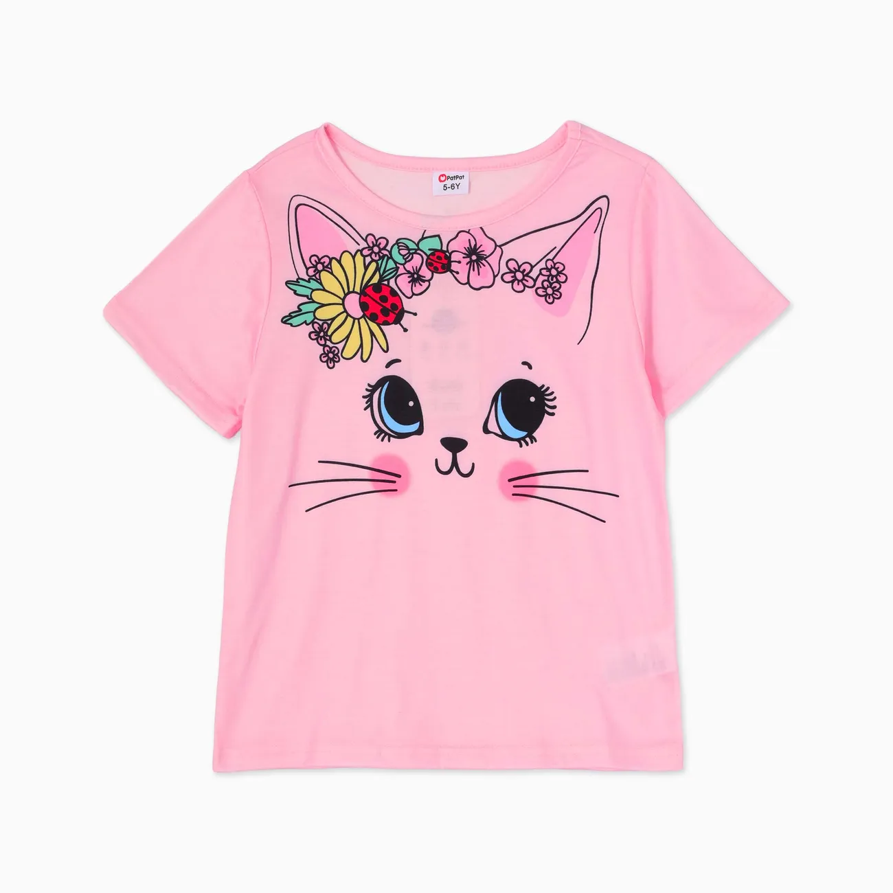 Kid Girl Animal Cat Floral Print Short-sleeve Tee Pink big image 1