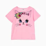 Kid Girl Animal Cat Floral Print Short-sleeve Tee Pink