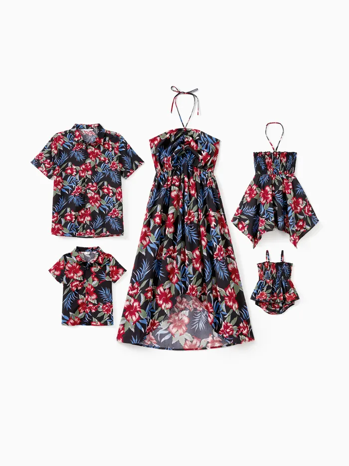 Family Matching Floral Beach Shirt and Drawstring Front Shirred Back Halter Neck High-Low Dress Sets