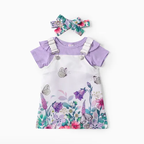 Sweet Flutter Sleeve Baby Girl Dress Set - Spandex de poliéster 3pcs