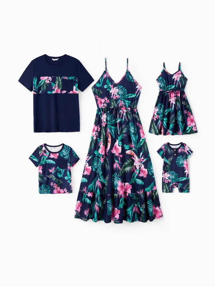 Camiseta de panel floral a juego familiar y estampado de flores con dobladillo con volantes y conjuntos de vestido