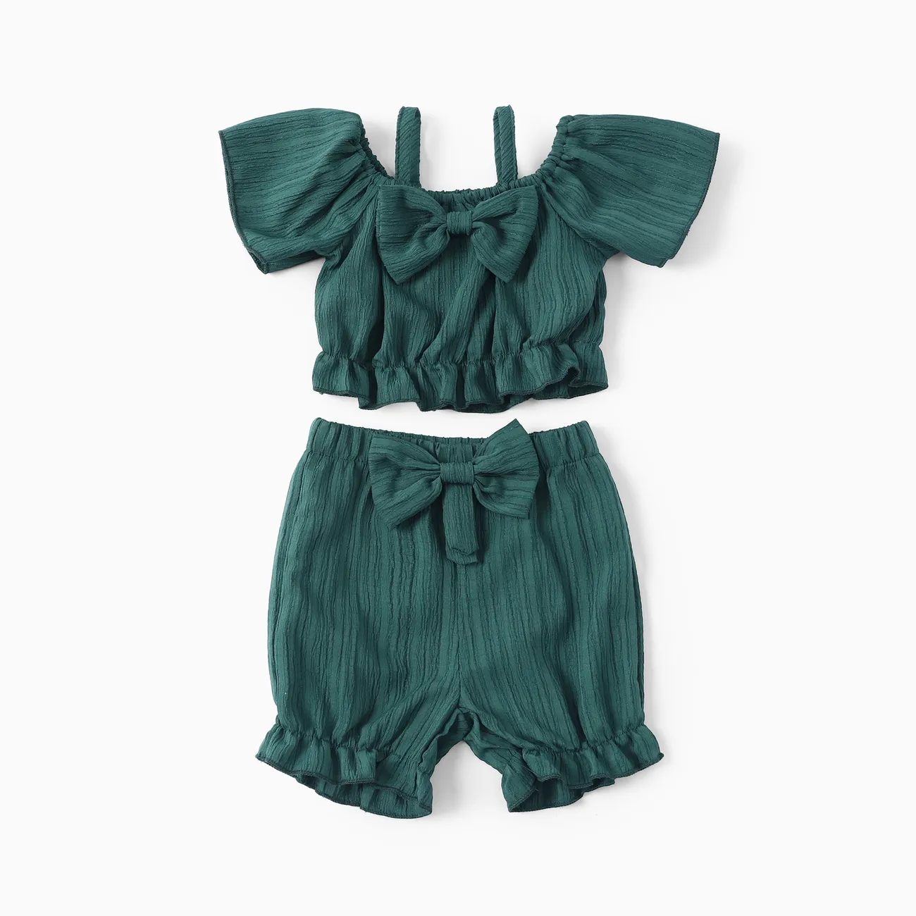 2pcs Baby Girl Sweet Off-Shoulder T-shirt and Shorts Set  Green big image 1