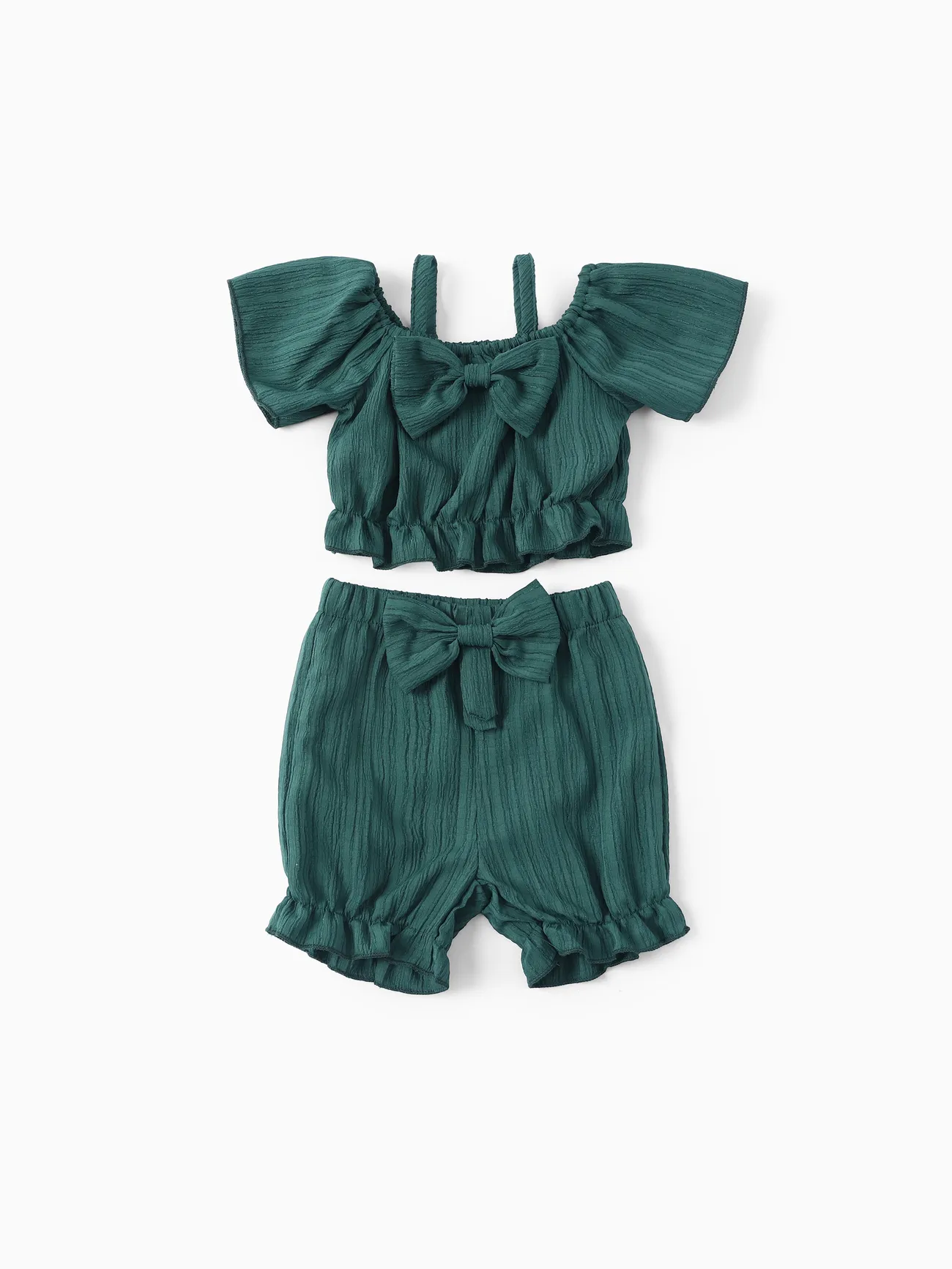 Sweet Off-Shoulder Baby Girl 2pcs Polyester Set Green big image 1