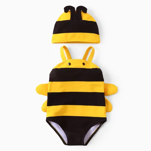 2pcs Baby Girls Childlike 3D Honeybee Swimwear with Small Wings and Matching Hat Set 
