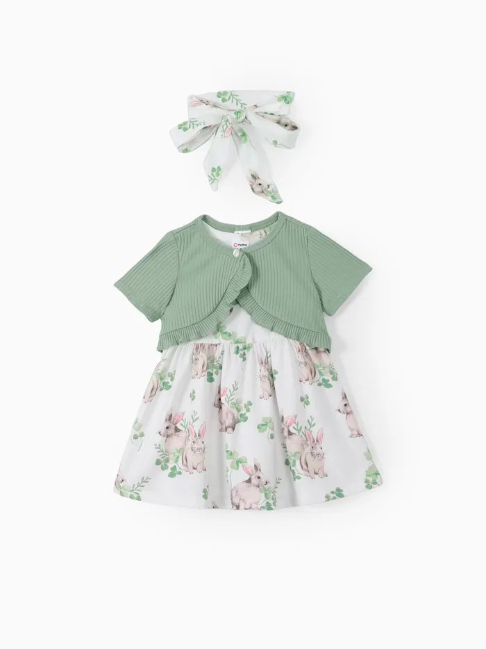 Baby Mädchen 2pcs Strickjacke und Blumendruck Kleid mit Stirnband Set